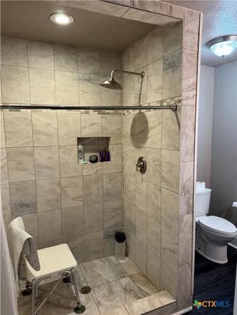 a bathroom with a toilet and a shower