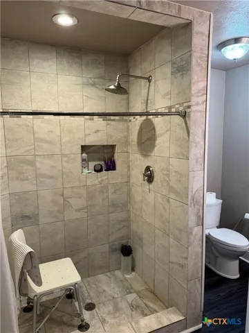 a bathroom with a toilet and a shower