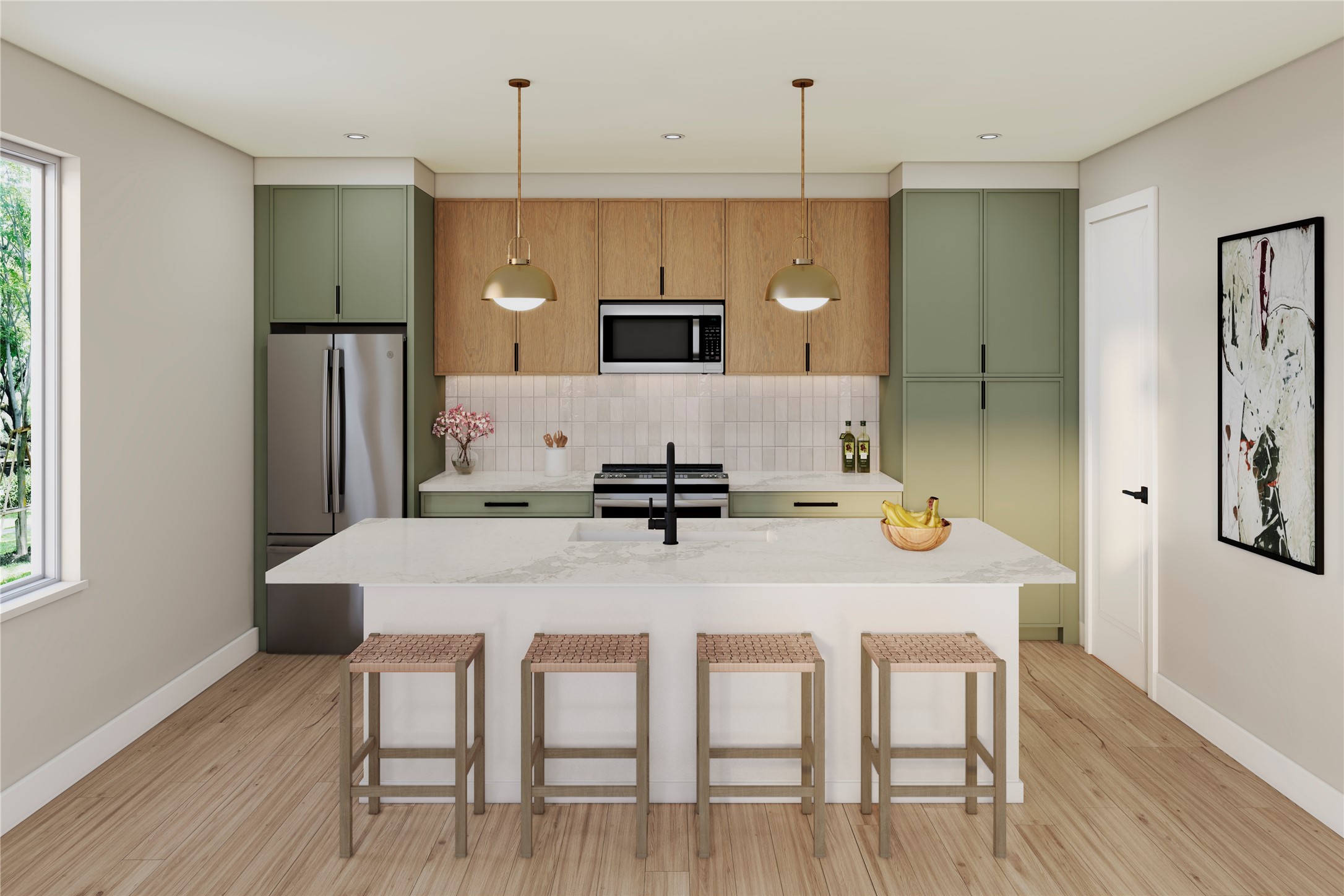 1406 Mason Avenue Austin, TX 78721 - Photo 1 of 30 Kitchen with green cabinetry, a kitchen bar, light stone counters, a kitchen island with sink, and stainless steel appliances