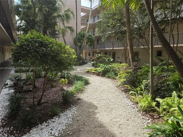 a view of path plants and trees