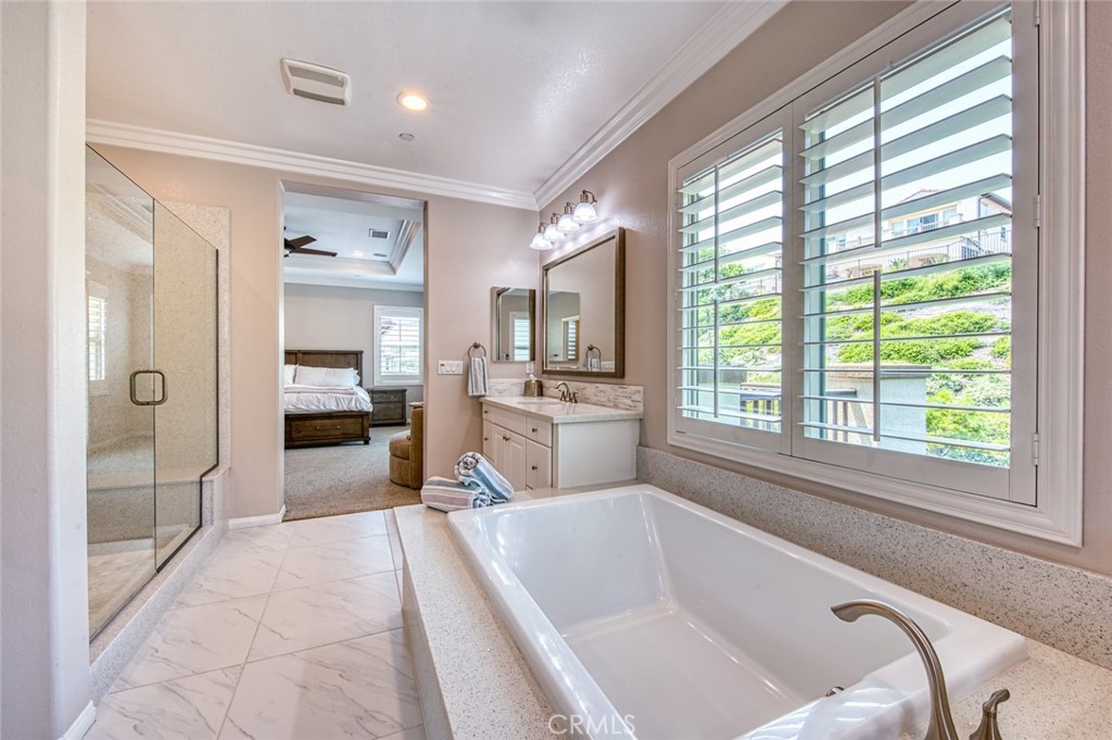 33 Lucido Street Rancho Mission Viejo, CA 92694 - Photo 20 of 37 a bathroom with a tub a sink and a large mirror