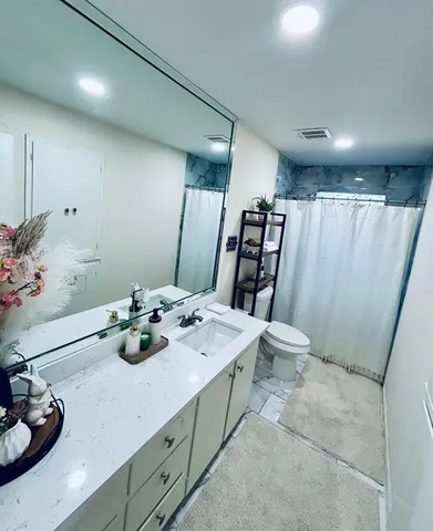 a bathroom with a sink a toilet and shower