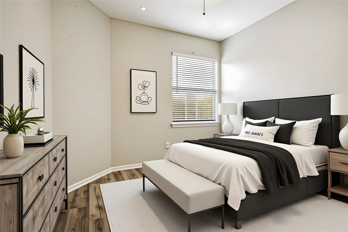 16801 Gravesend Road Pflugerville, TX 78660 - Photo 18 of 30 Virtually staged- Bedroom #4 featuring a textured wall, wood finished floors and a ceiling fan