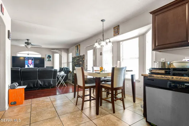 a view of a dining room with furniture