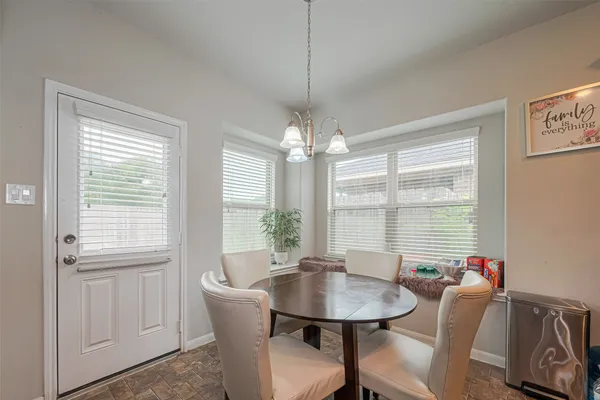 a view of a dining room with furniture window and outside view