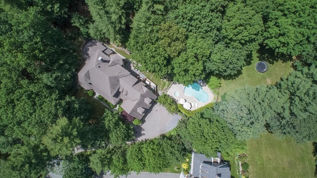 an aerial view of a house with a yard and lake view