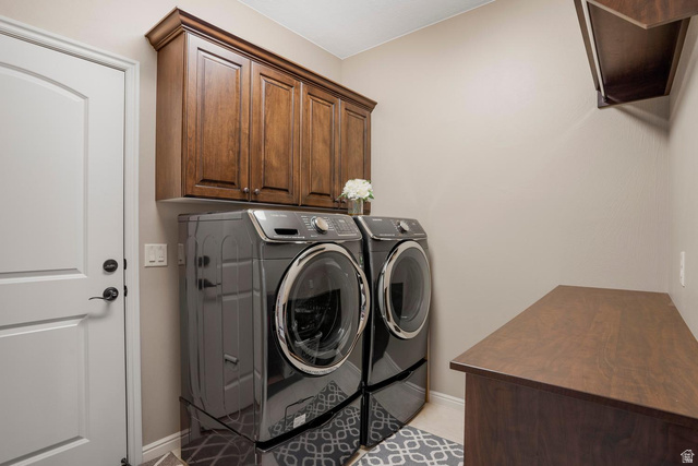 1587 Whitestone Drive St. George, UT 84790 - Photo 24 of 36 Laundry area featuring dark wood-finish cabinetry, a white panel door with dark hardware, and a built-in wood-finish countertop