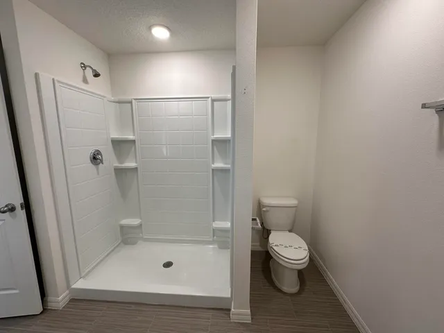 a bathroom with a shower and a toilet