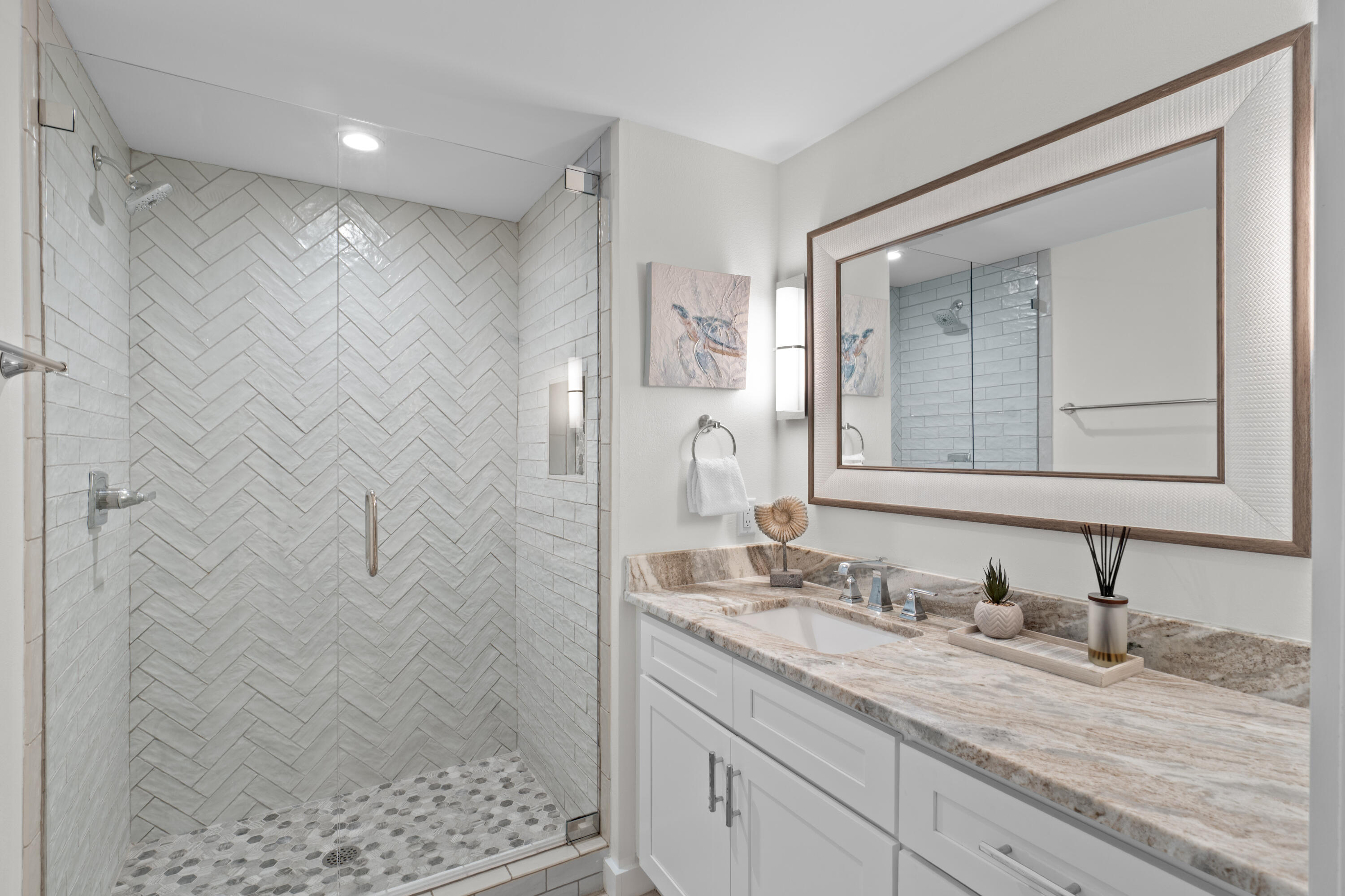 32461 East County Highway 30A, Unit 330 Inlet Beach, FL 32461 - Photo 20 of 31 a bathroom with a granite countertop sink a mirror and shower