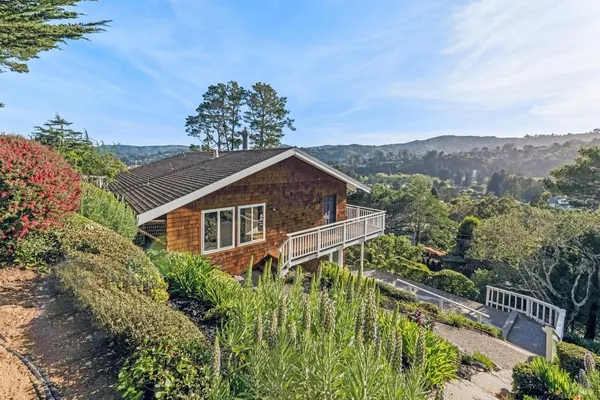 a view of a house with a yard and potted plants