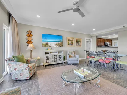 a view of a dining room with furniture