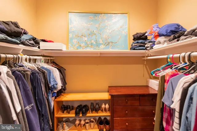 a view of walk in closet with clothes and shoes