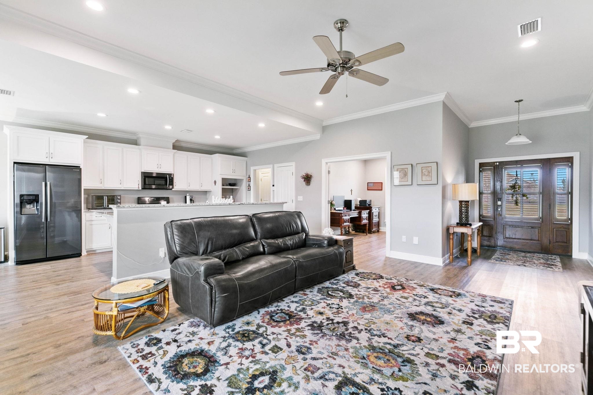9388 Pembrook Loop Fairhope, AL 36532 - Photo 13 of 53 Living room with crown molding, light wood-style floors, ceiling fan, an office area, and recessed lighting