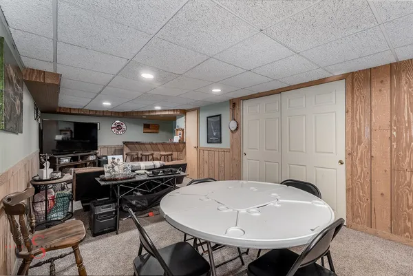 a view of a dining room with furniture
