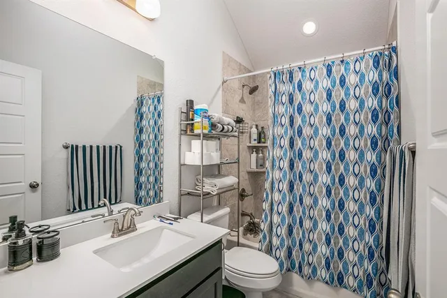 a bathroom with a sink a toilet and shower curtain