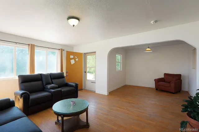 a living room with furniture and a potted plant