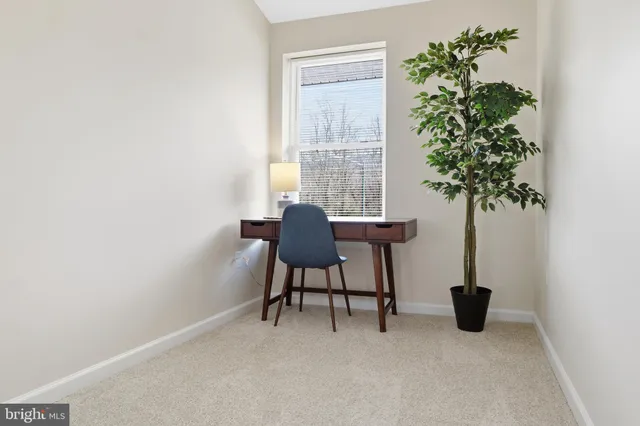 a workspace room with furniture and a potted plant