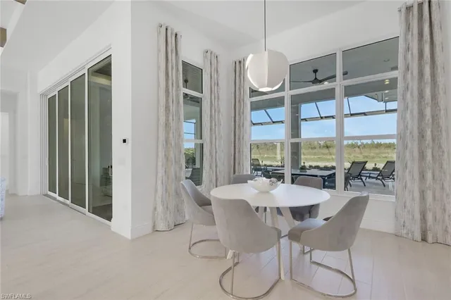 a view of a dining room with furniture window and outside view