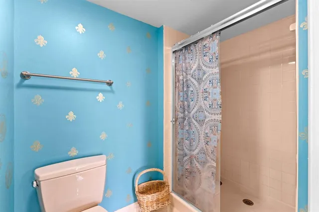 a bathroom with a toilet and shower curtain