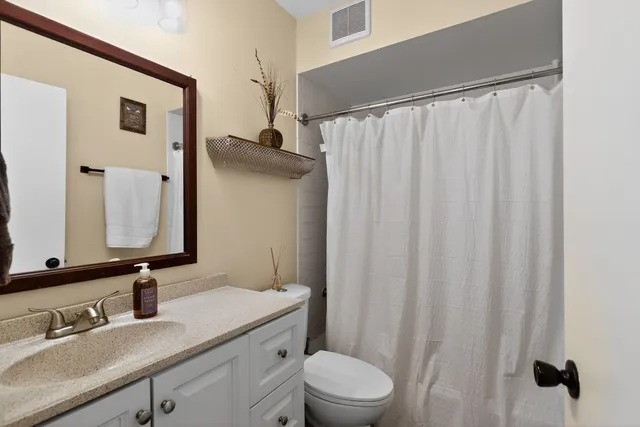 a bathroom with a sink a toilet and shower curtain