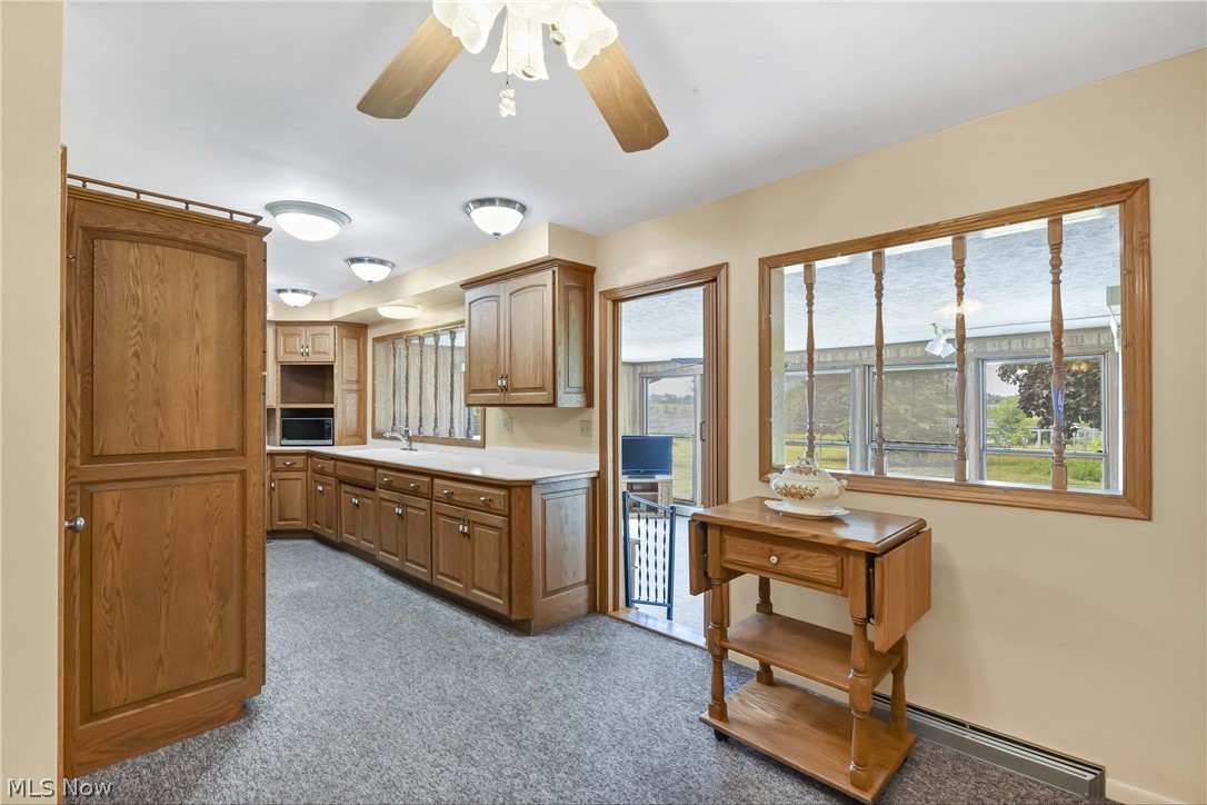 3690 Long Road Avon, OH 44011 - Photo 3 of 41 Kitchen featuring carpet floors, sink, ceiling fan, and stainless steel microwave