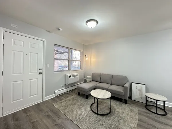 a living room with furniture a rug and a window