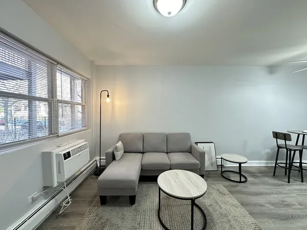 a living room with furniture a rug and a window