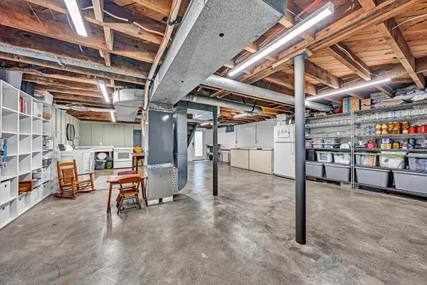 a view of a storage room with shelves