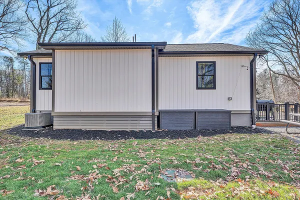 a view of a backyard with a large tree
