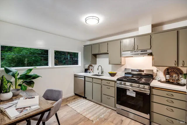 a kitchen with stainless steel appliances a stove a sink cabinets and a window
