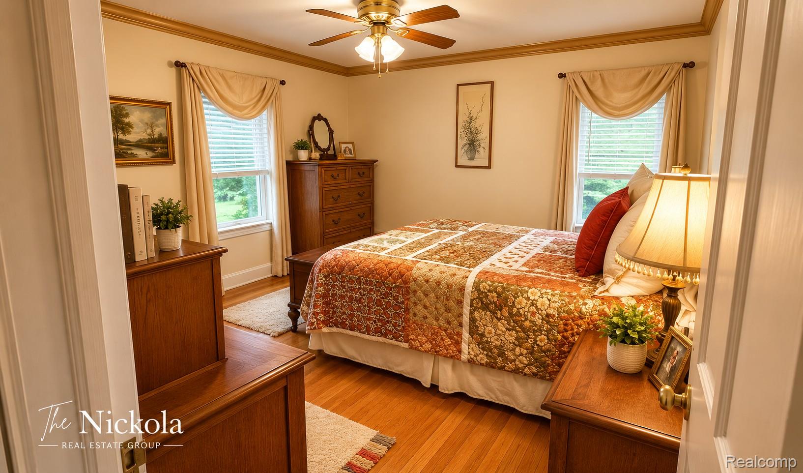 515 Barrington Road Detroit, MI 48215 - Photo 16 of 27 Bedroom with light wood finished floors, ornamental molding, multiple windows, and a ceiling fan