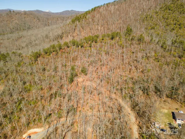 a view of a dry field with mountains in the background