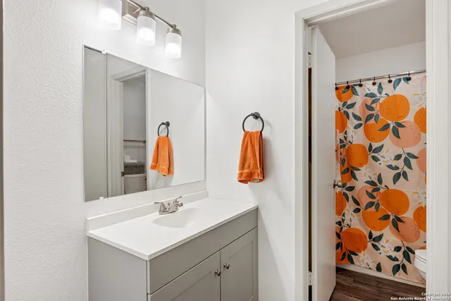 a bathroom with a sink and a mirror