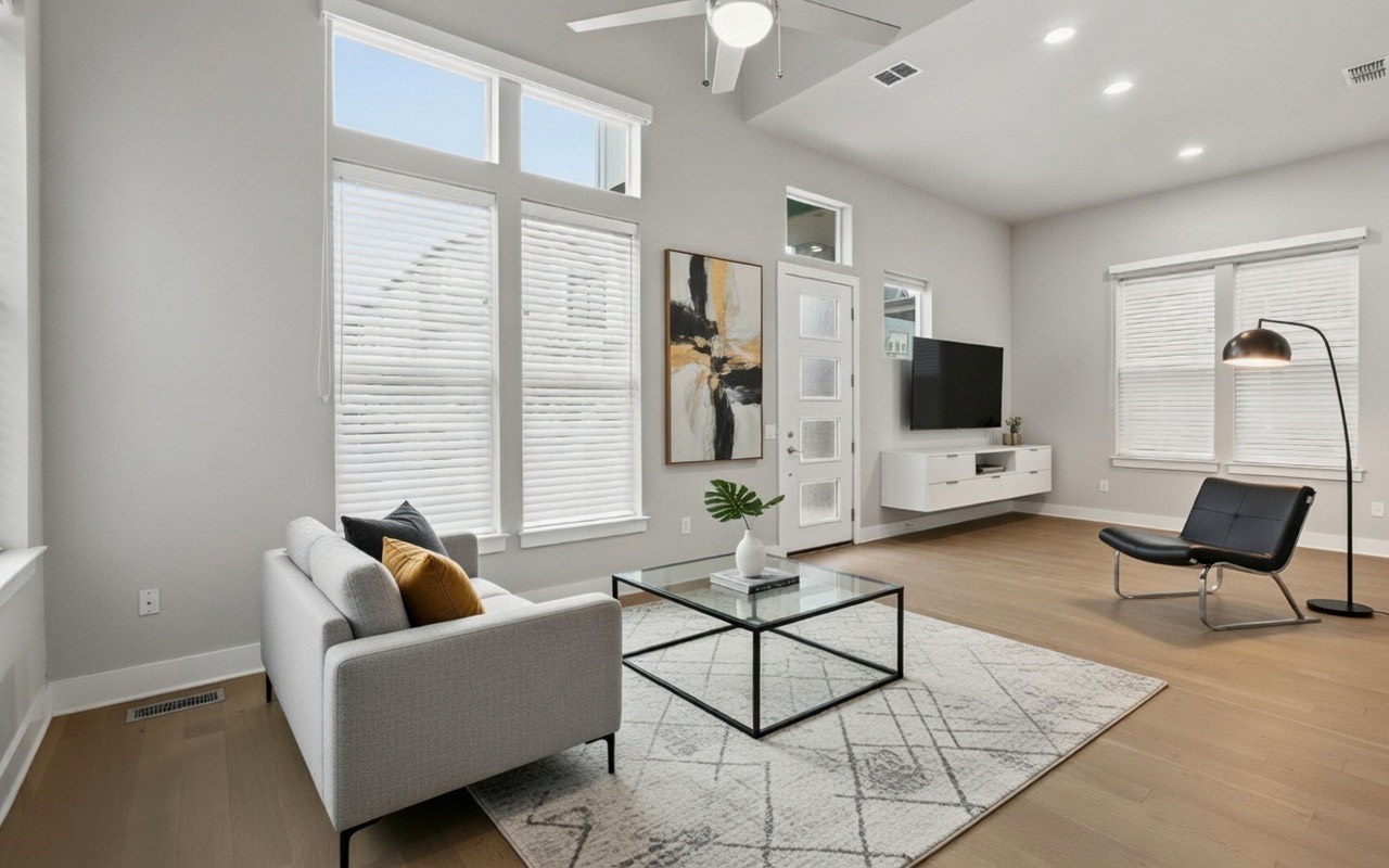 6104 Florencia Lane Austin, TX 78724 - Photo 3 of 31 Living area featuring wood finished floors, ceiling fan, and recessed lighting