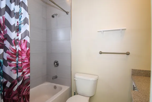 a bathroom with a shower and a toilet