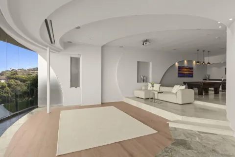 a living room with a couch and a table