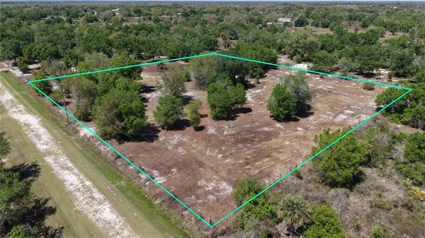 a view of a field with trees in the background