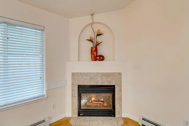 a room with a fireplace