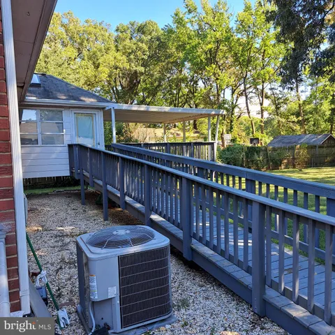 a view of a backyard with couches plants and large trees