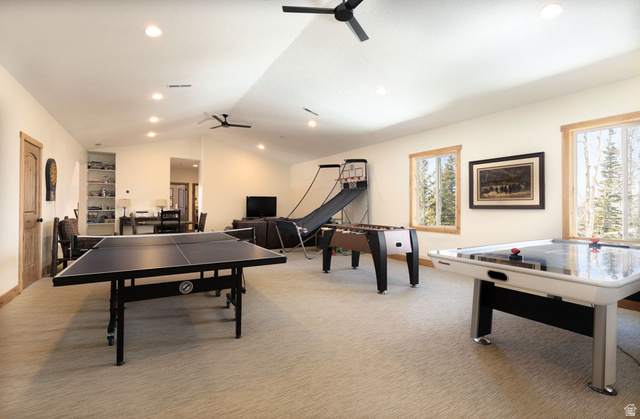 382 Ridgeview Street, Unit 8 & 9 Brian Head, UT 84719 - Photo 41 of 52 Spacious recreation room featuring recessed lighting, a vaulted ceiling, and two ceiling fans