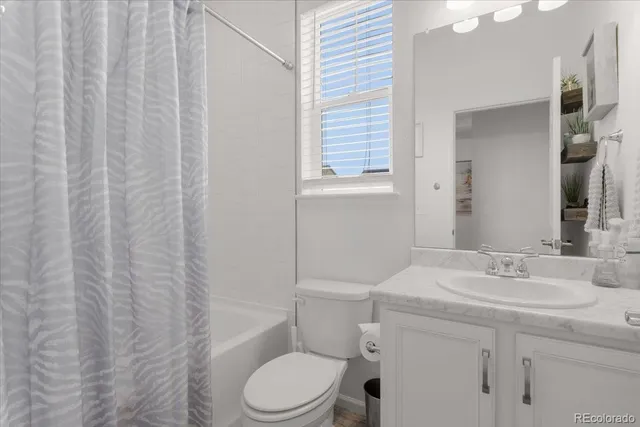 a bathroom with a sink a toilet and shower curtain