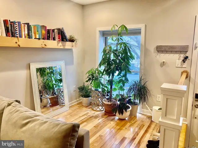 a bedroom with a bed a bookshelf and a potted plant