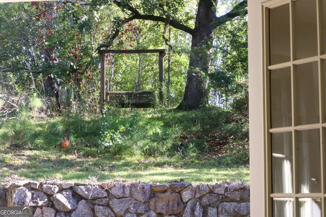 a view of a yard with potted plants