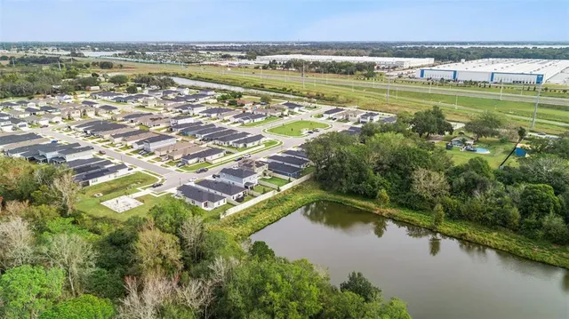 a view of a lake with a city