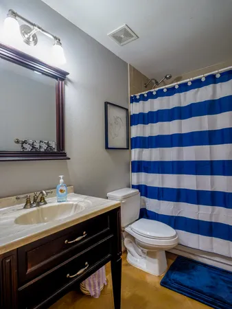 a bathroom with a sink a toilet a mirror and shower