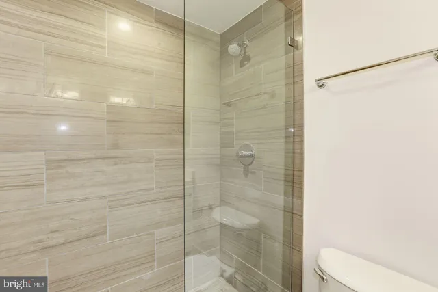 a bathroom with a shower and a toilet
