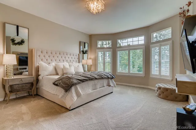 a bedroom with a large bed and a flat tv screen on dresser