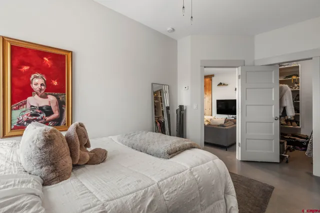 a bedroom with a large bed and a closet