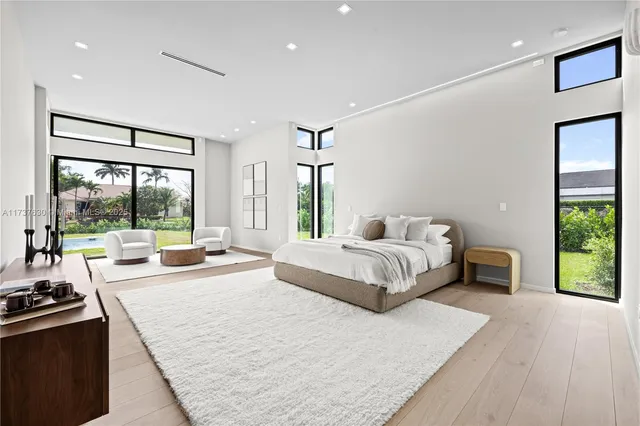 a bedroom with a bed and a large window