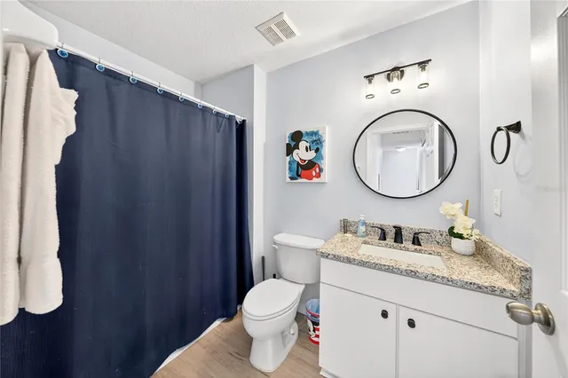 a bathroom with a granite countertop toilet sink vanity and mirror